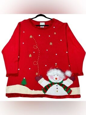 The Quaker Factory Red Snowman Festive Party Classic Fun Christmas Sweater-Sz 2x